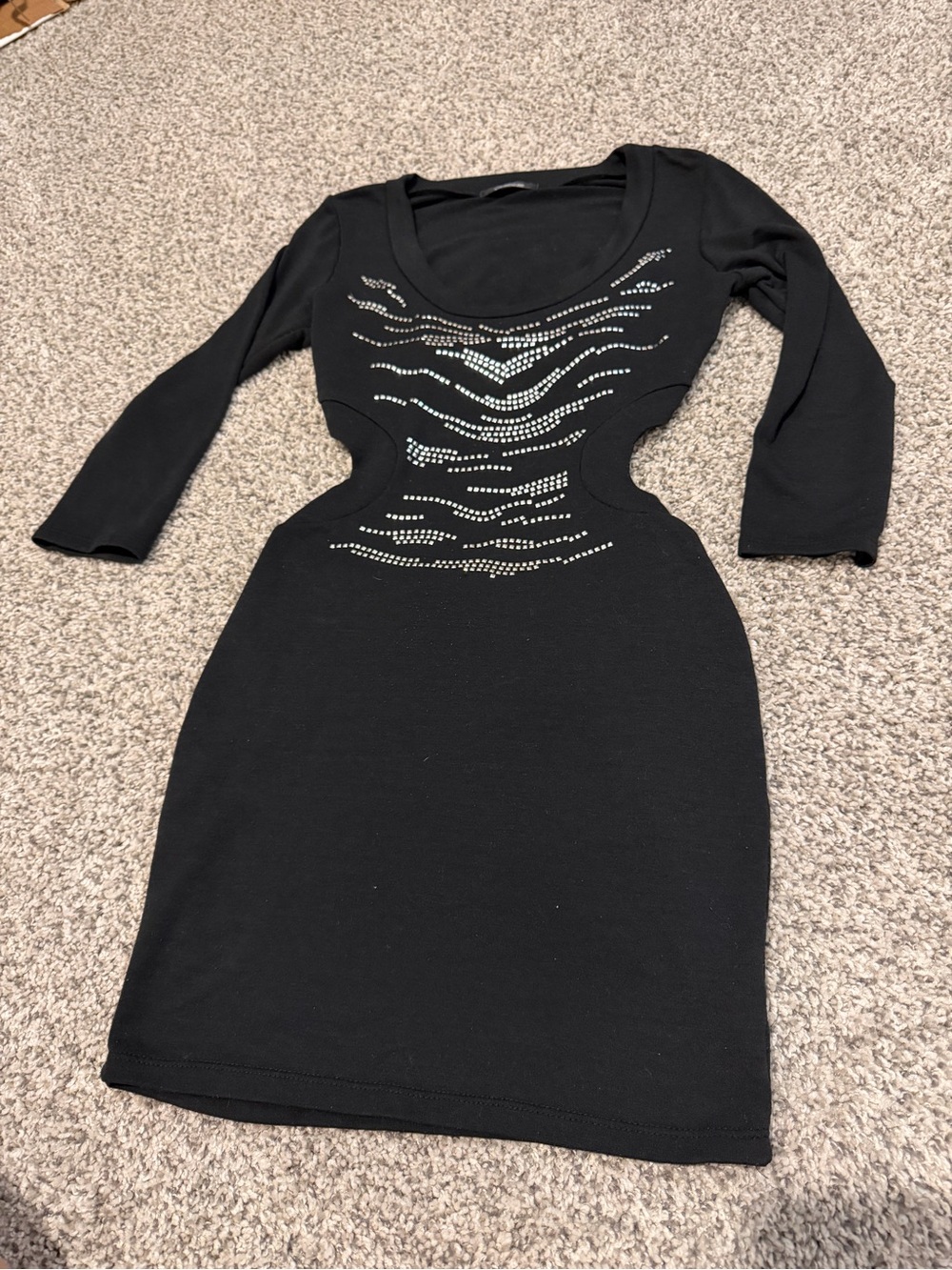 Black Long-Sleeve Cutout Bodycon Dress with Rhinestone Detail